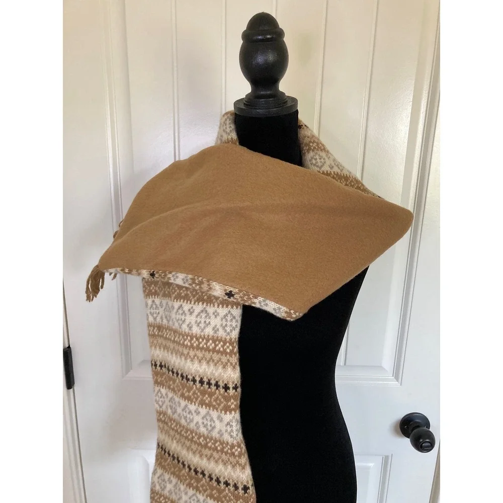 Berkshire Fashions Wool Blend Fair Isle Scarf Tan Brown Nordic Fringe RN 14750